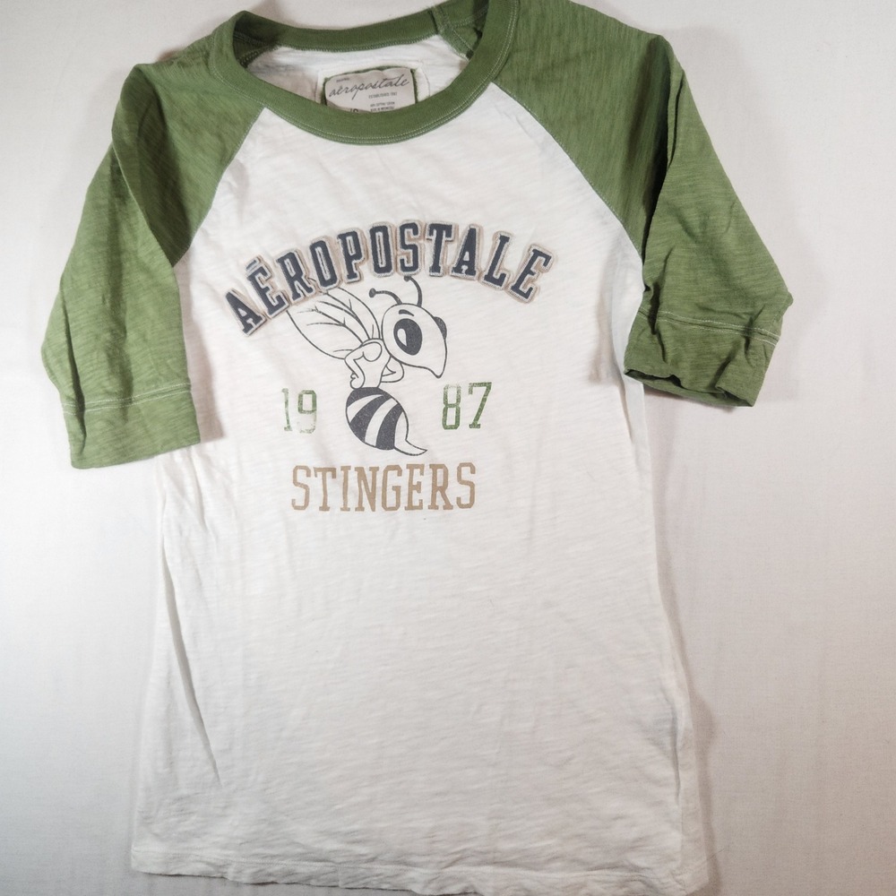 Aeropostale Stingers Graphic Baseball Tee Green White 3/4 Sleeve‎ Cotton Large